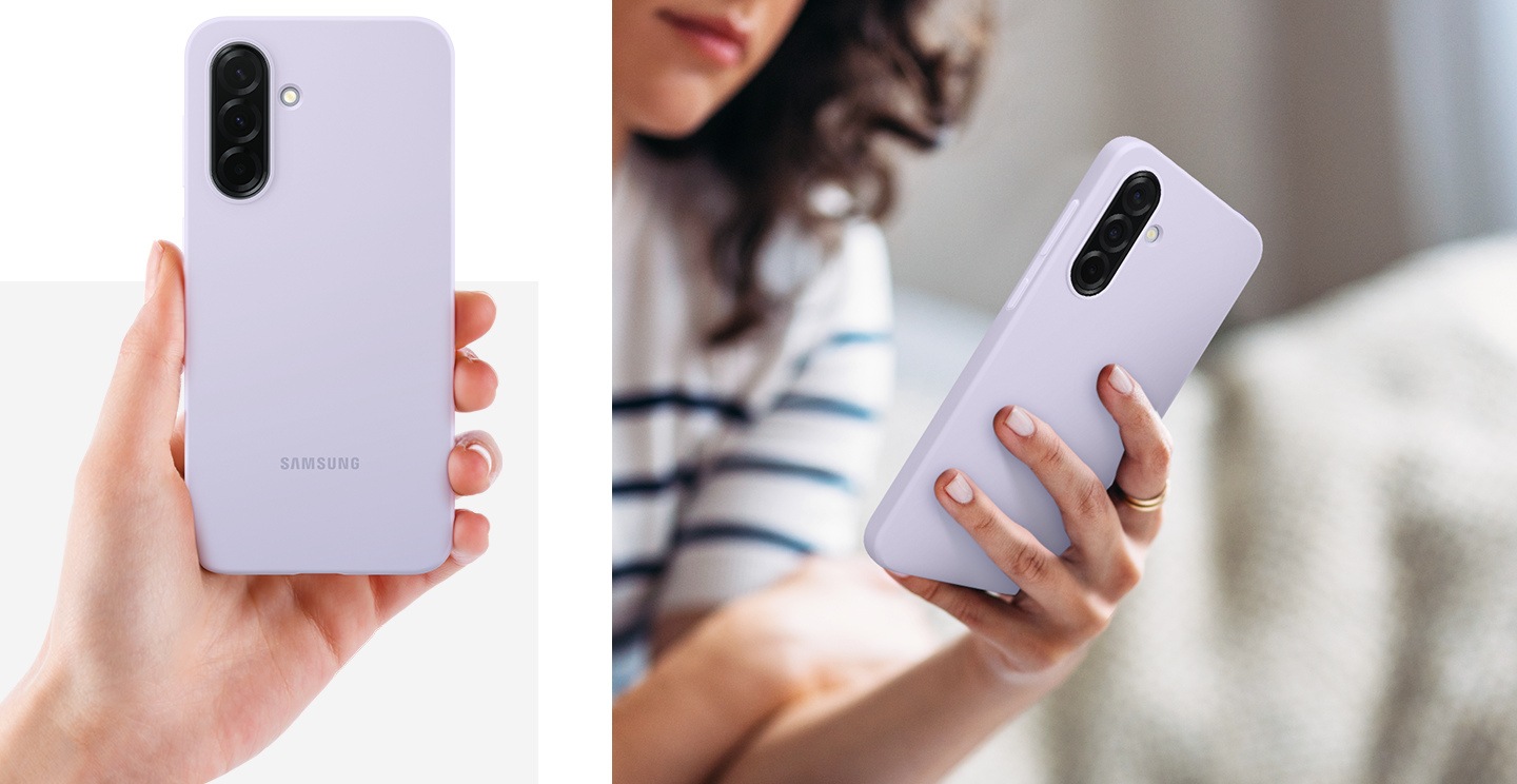 Рука держит Galaxy A36 5G в чехле Silicone Case и демонстрирует заднюю часть устройства. Крупным планом показан Galaxy A36 5G в чехле Silicone Case в руках владельца во время прогулки.