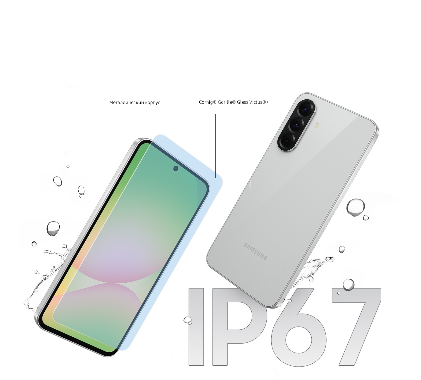 Показаны два смартфона Galaxy A56 5G. Левый смартфон расположен экраном вперед под углом. Видна надпись «Металлическая рама». Перед экраном изображено стекло. Текст «Corning® Gorilla® Glass Victus®+» отображается между передним и задним стеклом. Правый смартфон расположен задней панелью вперед под углом. На заднем плане — брызги воды, свидетельствующие о долговечности устройства, с типографически оформленным текстом «IP67».