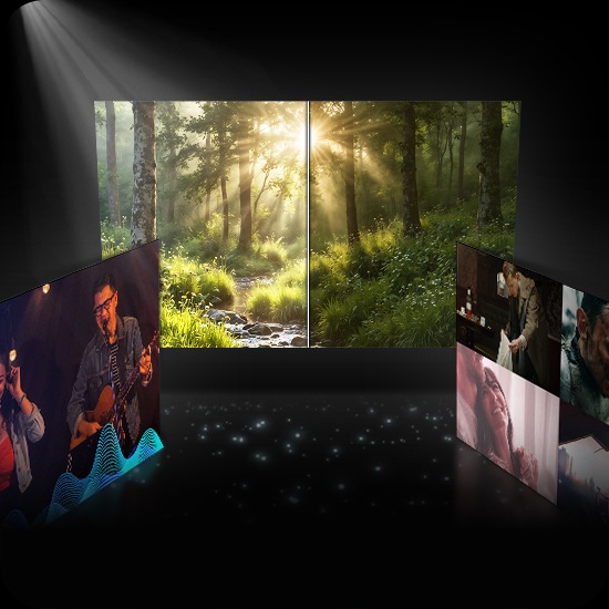 Три телевизионных экрана, демонстрирующие, как режим AI Mode настраивает параметры изображения и звука для различных типов контента.