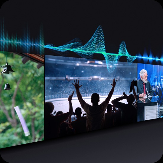 Три телевизора воспроизводят звук по-разному, что отображается с помощью звуковых полос над телевизорами, оптимизированных для типа воспроизводимого контента.