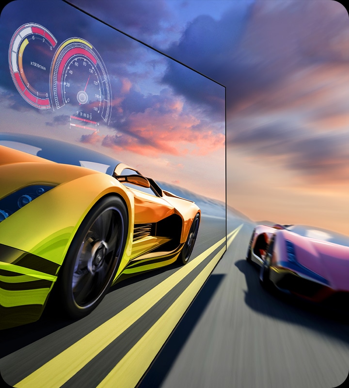 2 гоночных автомобиля мчатся по трассе. Один из них выглядит более четким, чем другой, и едет быстрее.