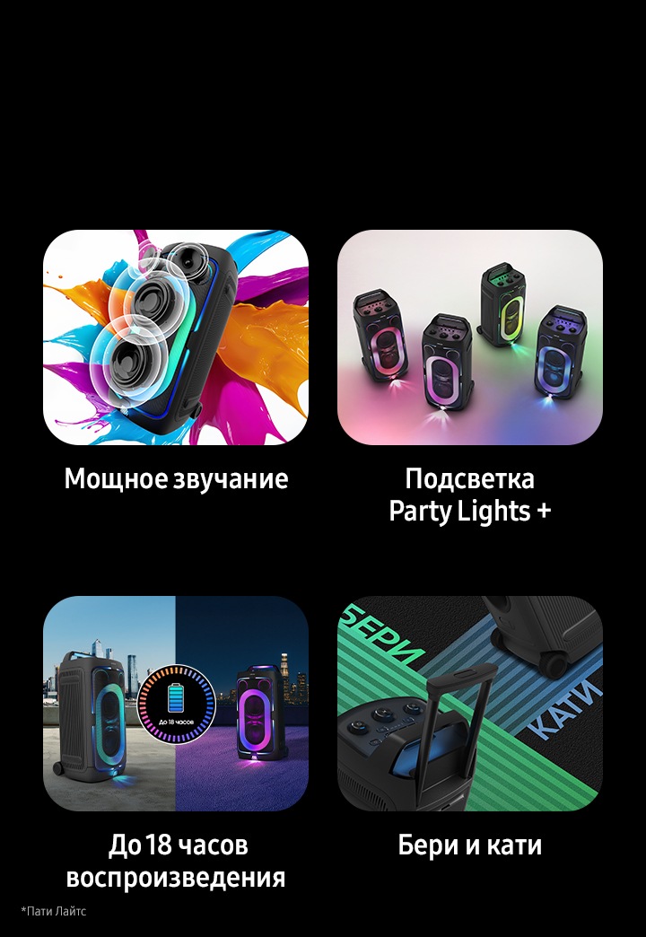 Мощный звук для вечеринок, Party Lights +, до 18 часов воспроизведения и Grip & Roll представлены как 4 ключевые особенности Samsung Sound Tower ST50F.