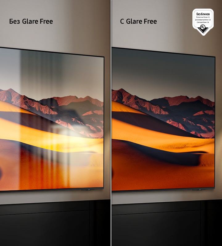 Телевизионный экран без технологии Glare Free имеет отвлекающие отражения. Рядом с ним телевизионный экран с технологией Glare Free четко показывает сцену с горами. Логотип UL Verified. Glare Free: отражение бликов UGR < 10, дискомфорт от бликов < UGR 22, ухудшение зрения от бликов < 34. verifyUL.com®. V166045.