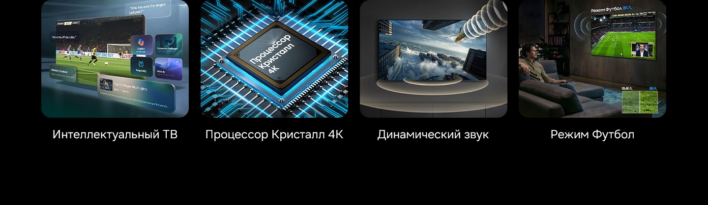 Обзор функций, включающий Samsung Vision AI Companion, процессор Crystal 4K, динамический звуковой пакет и режим футбола.