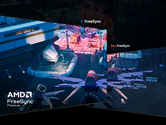 Благодаря FreeSync фэнтезийная игра на экране отображается четко. Без FreeSync экран рвется. AMD FreeSync Премиум.
