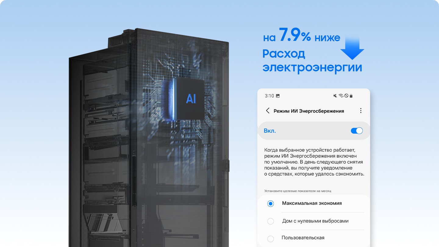 На изображении показан прозрачный холодильник с прикрепленным чипом искусственного интеллекта. На экране приложения SmartThings включен режим энергосбережения с использованием искусственного интеллекта, который позволяет сэкономить до 7,9% энергии.