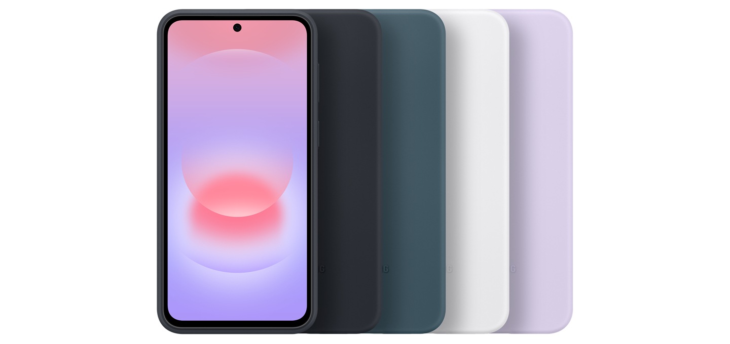 Слева располагается устройство Samsung Galaxy A37 5G экраном вперёд, а справа&nbsp;&mdash; четыре устройства Samsung Galaxy A37 5G в ряд, каждое из которых слегка перекрывает соседнее устройство слева. Цвета слева направо: серый, синий, голубой и фиолетовый.