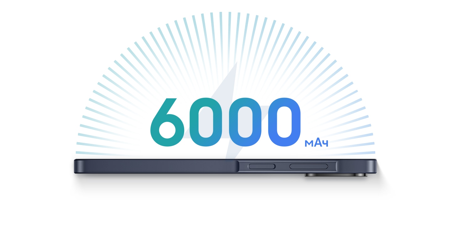 Показан Samsung Galaxy A08. Над устройством надпись 6000 мАч — для разных дел и развлечений.
