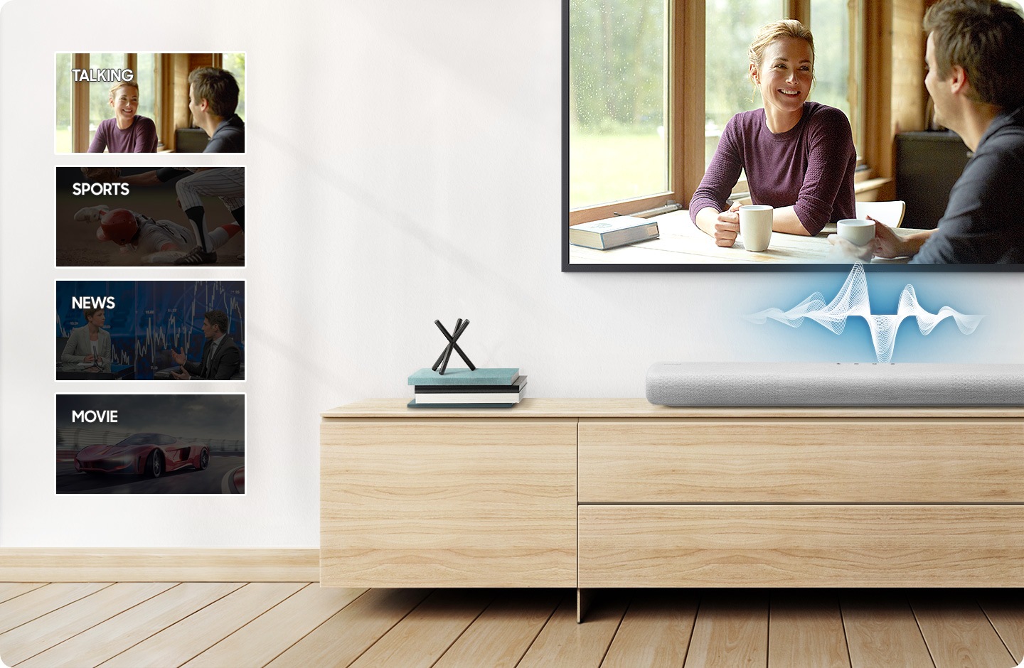 A TV display changes from dialogue, sports, news, to movies and the soundbar shows different audio waves for each to show how the soundbar adapts to voices within each content.