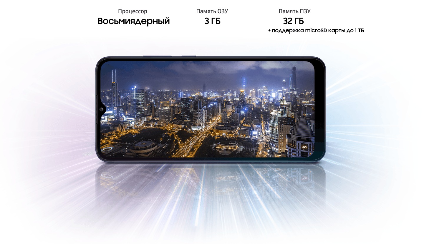 A02s shows night city view, indicating device offers Octa-core processor, 2GB/3GB/4GB RAM, 32GB/64GB with up to 1TB-storage.