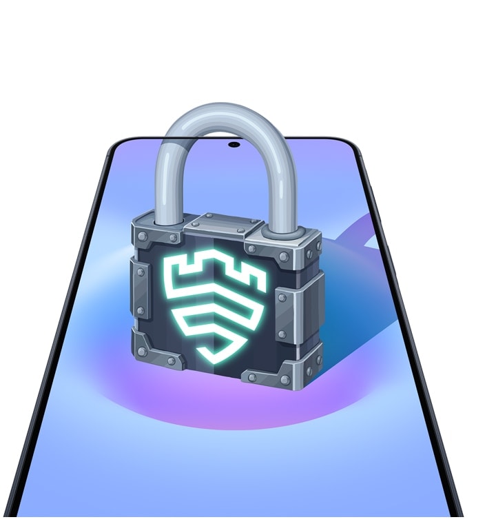 На фотографии изображен Galaxy A57 5G, развернутый вперед в портретном режиме, с иконкой Samsung Knox Vault в виде замка на экране, что символизирует встроенную защиту Samsung Knox для обеспечения конфиденциальности и безопасности данных.