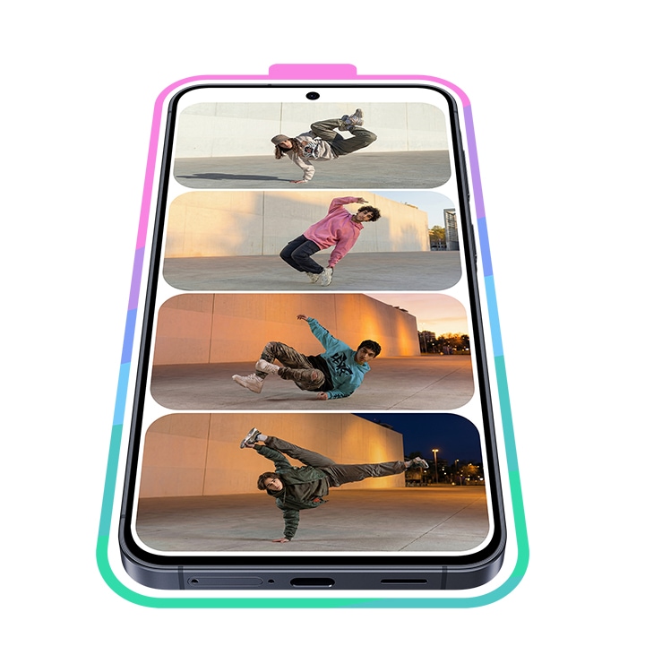 На фотографии показан Galaxy A57 5G в цвете Awesome Navy, развернутый вперед в портретном режиме, с четырьмя сегментами заряда батареи на экране, заполненными изображениями молодых людей, танцующих брейк-данс.