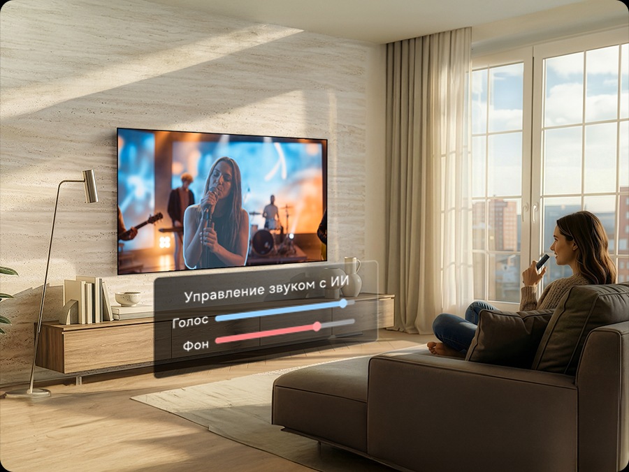 Женщина смотрит музыкальное представление на телевизоре Samsung. Под ним AI Sound Controller показывает уровни громкости звука нционного управления: &laquo;Биксби, режим AI Football включен&raquo;. Режим AI Football включается, звуковые волны воспроизводят сбалансированный звук толпы и комментатора, а поле выглядит более четким и ярким, чем когда он выключен.