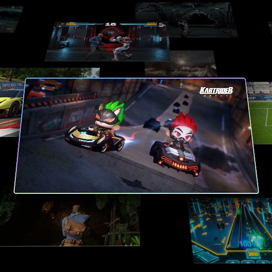 Разрозненные сцены из игр с одной главной сценой спереди и по центру. «РПГ» определяется как жанр, а затем сканируется до оптимальных настроек с помощью технологии искусственного интеллекта Samsung. Затем экран меняется, и «Гонки» определяются как жанр «Kart Rider Drift», поскольку он также сканируется с оптимальными настройками.