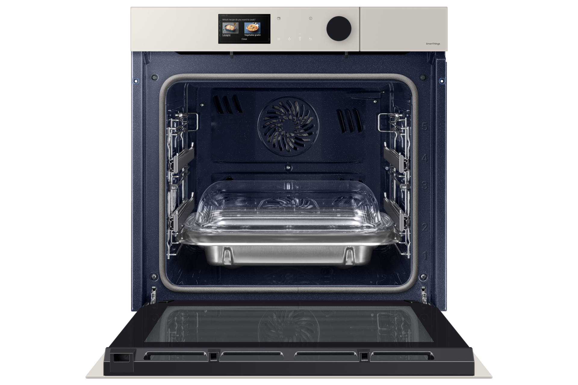  [Bésp~óké, бежевый духовой шкаф Ñ~V7000B c Á~Í Pró~ cóók~íñg, 76 л, вид спереди открытый с полками]