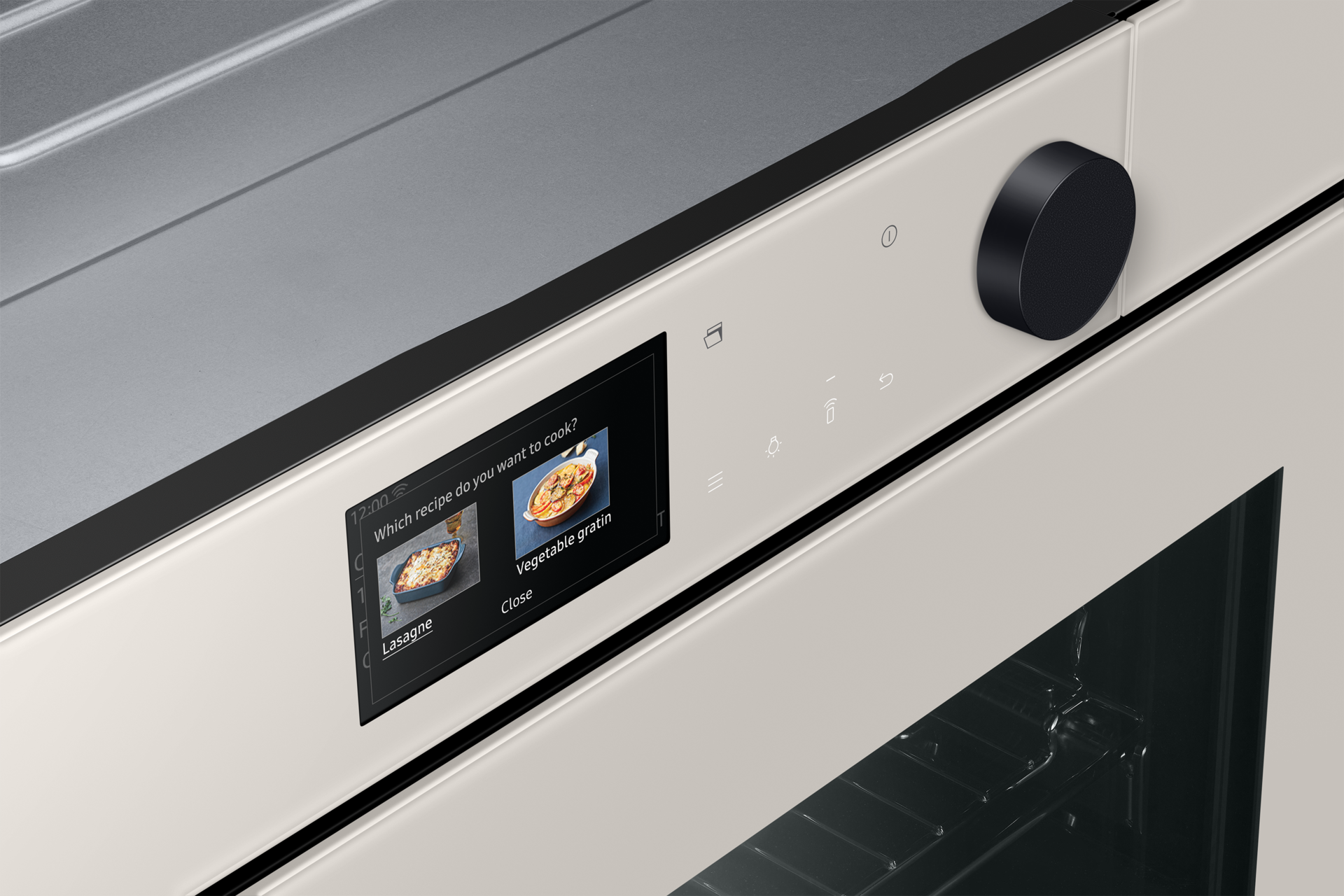 [Bésp~óké, бежевый духовой шкаф Ñ~V7000B c Á~Í Pró~ cóók~íñg, 76 л, детальный вид дисплея в перспективе]