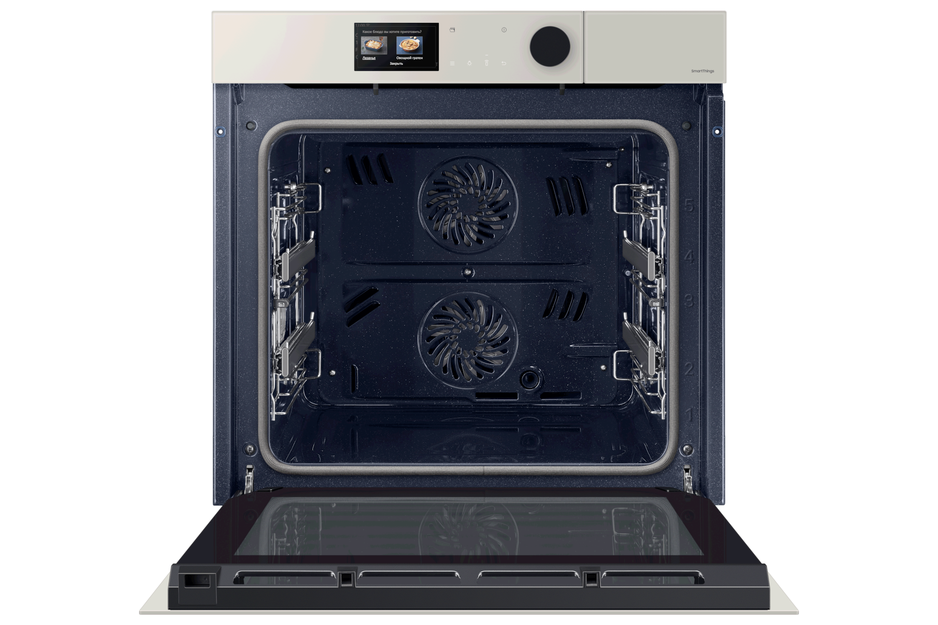 Bespoke, бежевый духовой шкаф NV7000B c AI Pro cooking, 76 л, вид спереди открытый