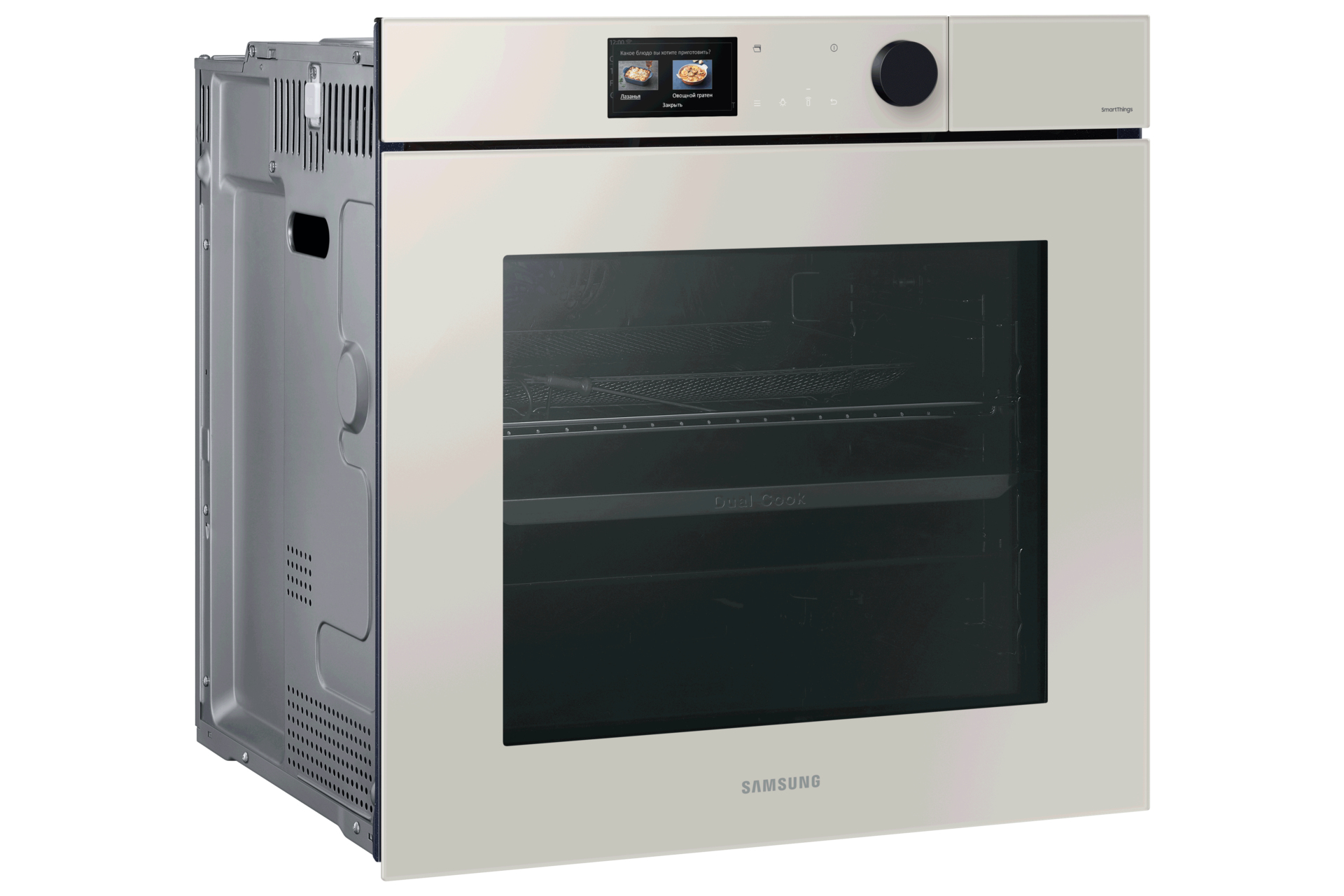 Bespoke, бежевый духовой шкаф NV7000B c AI Pro cooking, 76 л, вид в перспективе слева