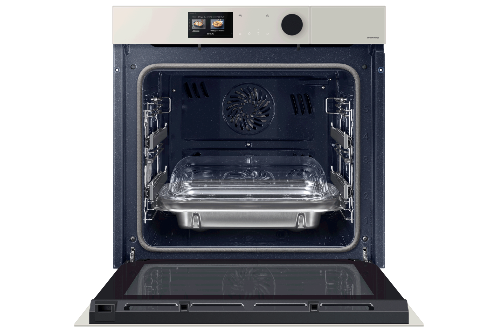  Bespoke, бежевый духовой шкаф NV7000B c AI Pro cooking, 76 л, вид спереди открытый с полками
