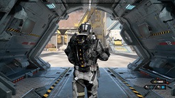 A video game character is exiting the back of an airplane.