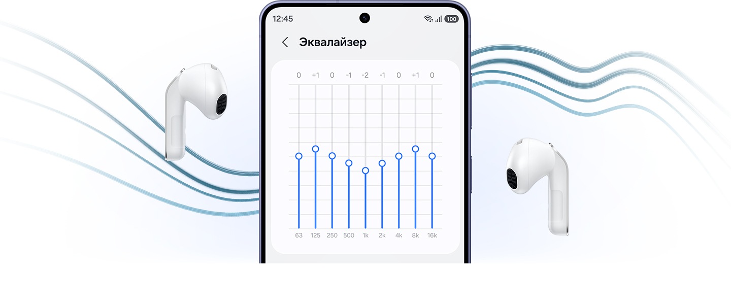 Смартфон Самсунг с включенным настройками 'Эквалайзера', на экране которого отображается несколько ползунков, расположенных между двумя белыми вставными наушниками Бадс4.