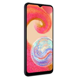 Смартфон Samsung Galaxy A04e SM-A042FZKHSER 64 ГБ чёрный фото спереди под углом слева