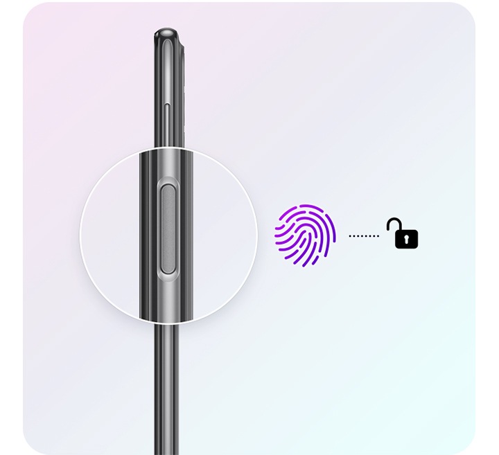 A side profile of the Galaxy A23 5G is shown, with the fingerprint sensor enlarged and magnified. Right by the sensor, a fingerprint icon and an unlock icon are shown with a short dotted line between them.