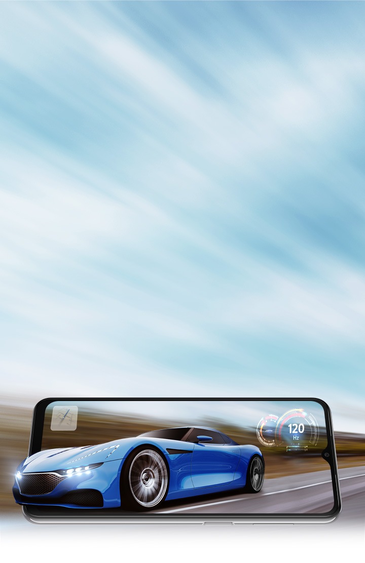 A Galaxy A23 5G is in landscape mode and on screen is a sports car driving on the road. The background is blurred to indicate that it’s driving fast. The front part of the car extends slightly beyond the frame of the phone as if the car is popping out of the display. There's also a map and a speedometer with 120 Hz in the middle, referring to the phone’s fast refresh rate.