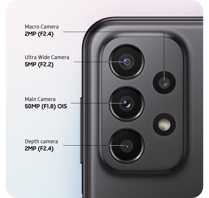 A rear close-up of advanced Quad Camera, showing F1.8 50MP Main Camera including ois, F2.2 5MP Ultra Wide Camera, F2.4 2MP Depth Camera and F2.4 2MP Macro Camera.