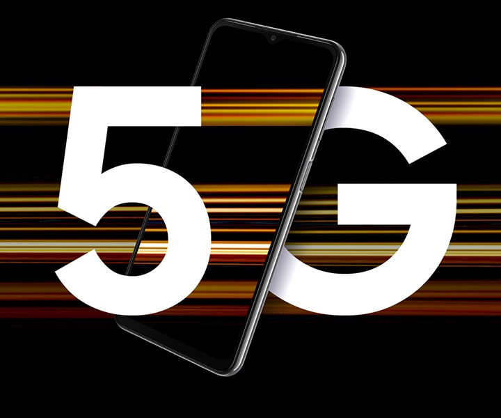A Galaxy A23 5G device is shown with the text 5G divided at the letters by the device. Colorful streaks of light surround it to represent fast 5G speeds.