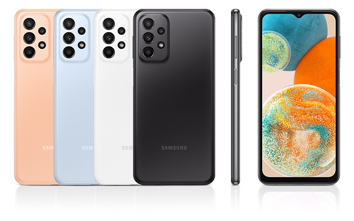 Six devices are displayed to appeal their colors and design. Four reversed ones are in orange, light blue, white and black\ while one is looking at the front and another showing the right side of device.