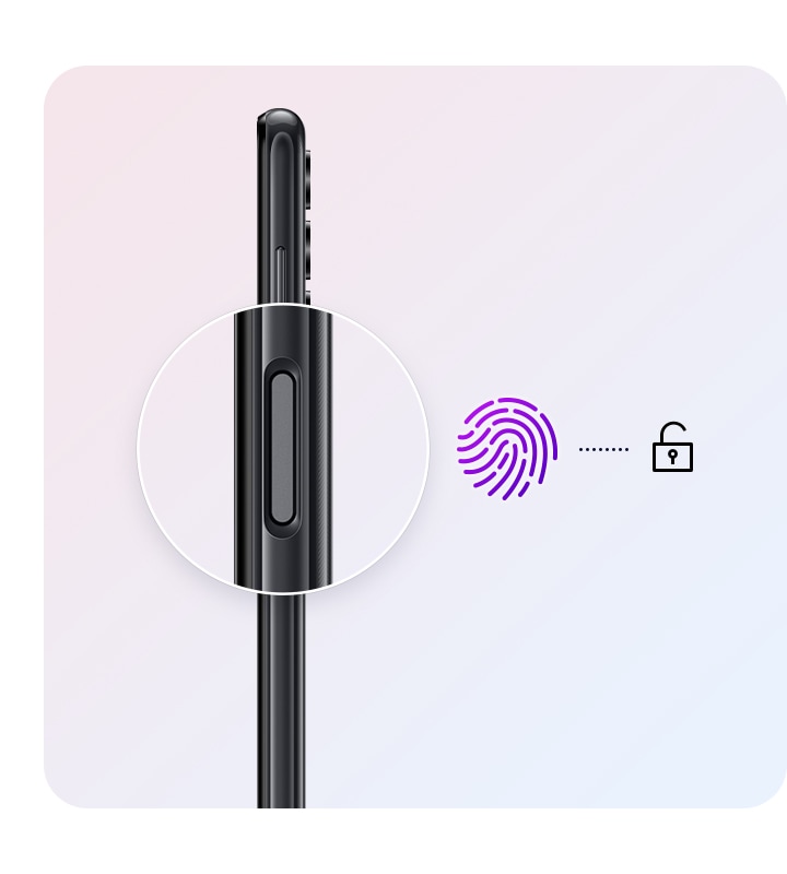 تُعرض صورة جانبية لهاتف Galaxy A04s، مع تكبير مستشعر بصمة الإصبع لتوضيحه. تظهر بجوار المستشعر مباشرةً أيقونة بصمة الإصبع وأيقونة فتح قفل الهاتف مع خط منقط قصير بينهما.