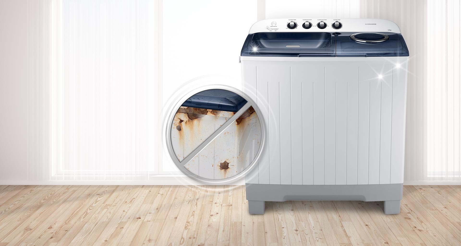 تتميز هذه الغسالة بهيكلها البلاستيكي غير القابل للتآكل أو التعرض للصدأ، مما يجعلها مقاومة للرطوبة. وبذلك، فهي من المنتجات المعمرة التي تبقى على حالتها الرائعة لسنوات طويلة.