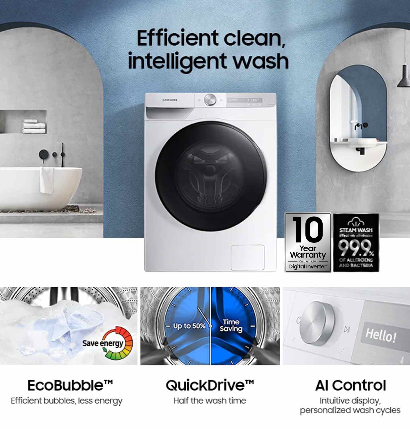 WD7300T is germ-free, and 20-year warranty with EcoBubble, QuickDrive, and AI Control functions.