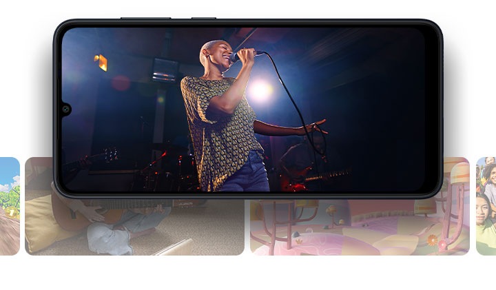 Galaxy A05 in landscape mode shows a female artist singing into a mic in a dark studio. Below and behind the Galaxy A05 are numerous translucent images showing gaming, animation, family photographs and guitar tutorials.