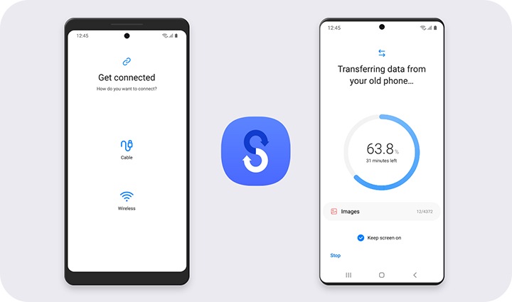 An older Galaxy device is next to the Galaxy device for performing Smart Switch. In between them is the Smart Switch icon. The old device shows that it is connected while the new device shows "Transferring data from your old phone" with a progress of 63.8%.