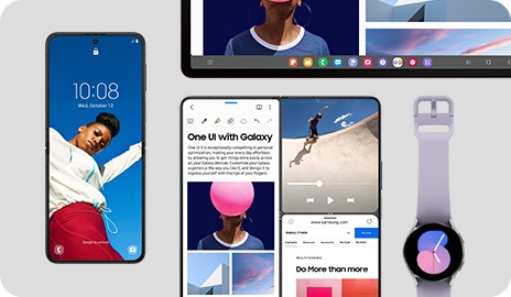 Galaxy Z Flip on the left has a wallpaper and digital clock widget. Next to it, Galaxy Z Fold's screen is split into three sections. Above it, Galaxy Tab's taskbar is shown. Galaxy Watch on the right has a watch face on.