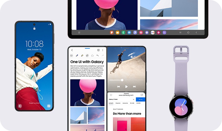 Galaxy Z Flip on the left has a wallpaper and digital clock widget. Next to it, Galaxy Z Fold's screen is split into three sections. Above it, Galaxy Tab's taskbar is shown. Galaxy Watch on the right has a watch face on.