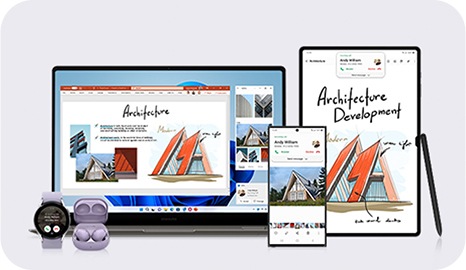 تظهر أجهزة Galaxy مختلفة. يوجد على اليسار Galaxy Watch وGalaxy Buds وGalaxy Book وهاتف Galaxy ذكي وGalaxy Tab وقلم S Pen. تظهر بعض أجزاء الرسم التي على جهاز Galaxy Tab على مستند معروض على جهاز Galaxy Book. تظهر شاشة تطبيق Gallery على هاتف Galaxy الذكي معروضةً على جهاز Galaxy Book. يظهر إشعار لمكالمة واردة على ساعة Galaxy Watch وجهاز Galaxy Book وهاتف Galaxy ذكي وجهاز Galaxy Tab.