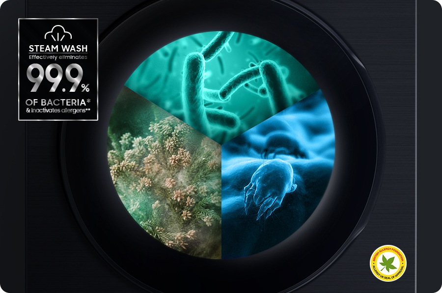 الغسل بالبخار معتمد من Intertek، ينتشر البخار داخل باب الغسالة لإزالة المواد المسببة للحساسية والبكتيريا بنسبة تصل إلى 99.9%.