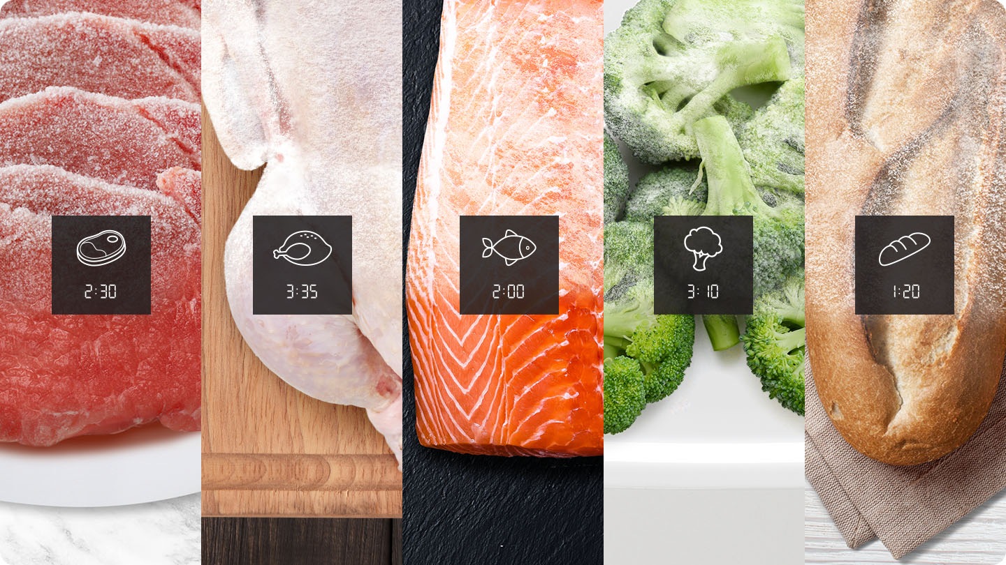 تُظهر اللقطة وقت التذويب لخمسة أطعمة شائعة: اللحوم = 2:30 دقيقة، والدواجن = 3:35 دقيقة، والأسماك = 2:00 دقيقة، والخضروات = 3:10 دقيقة، والخبز = 1:20 دقيقة.