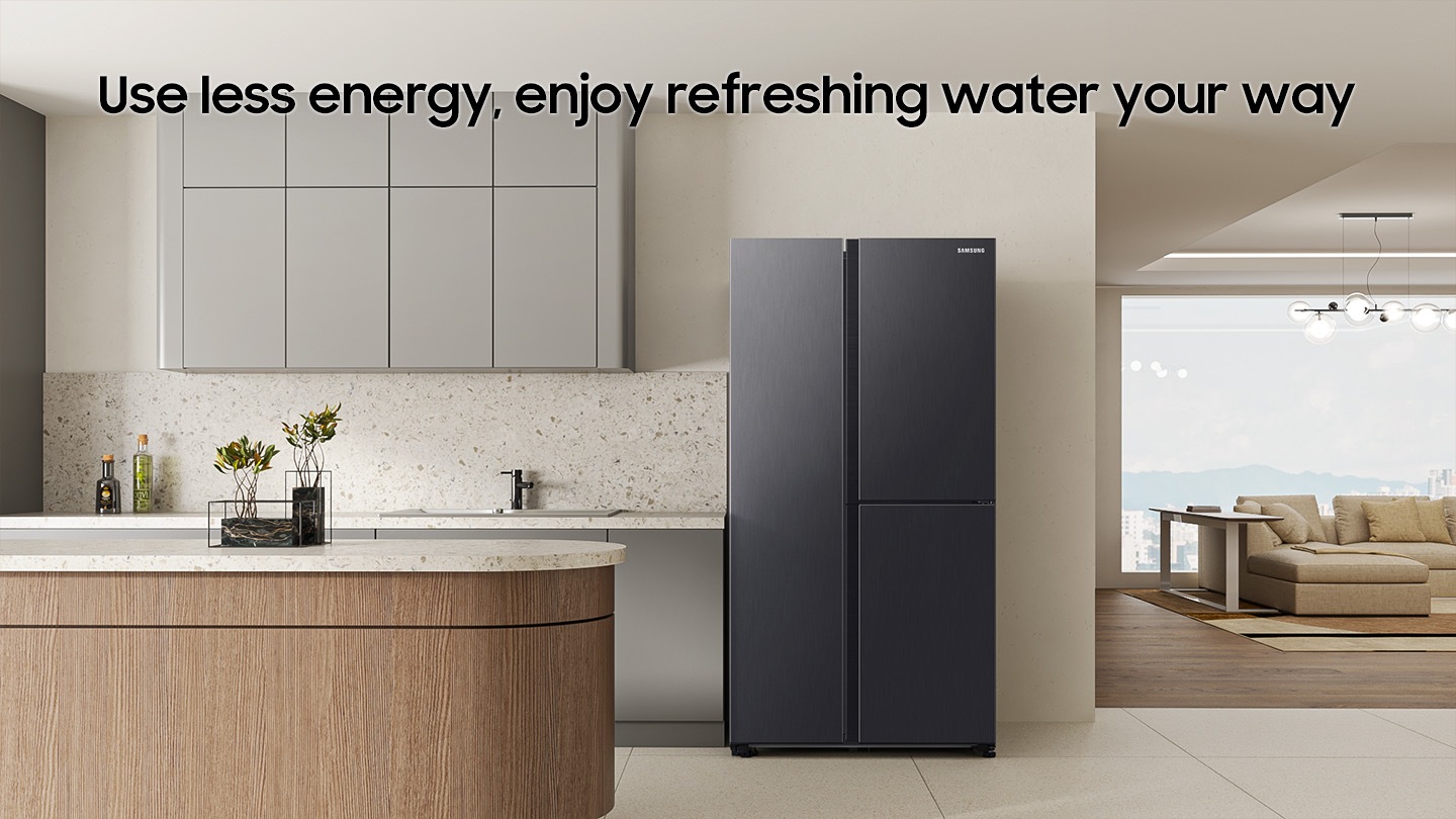 Use less energy, enjoy refreshing water your way. The refrigerator is installed in the Kitchen.