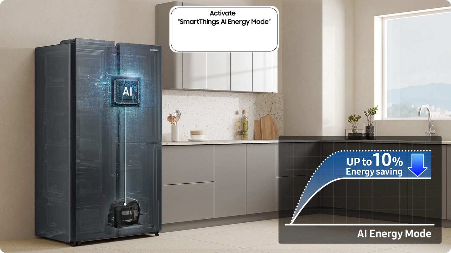 The refrigerator installed in the kitchen with the Activate “SmartThings AI Energy Mode” button ON. The AI Energy Mode is turned on, AI activated to check internal and manage the compressor, and a graph shows the UP to 10% Energy Saving effect when in AI Energy Mode compared to Normal mode.