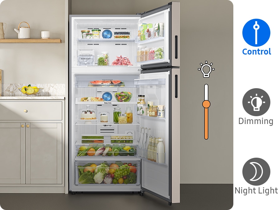 يتم التحكم في الإضاءة الداخلية للثلاجة باستخدام ميزة SmartThings Lighting. في وضع التعتيم، تصبح الأضواء أكثر سطوعاً تدريجيّاً. وفي وضع الإضاءة الليلية، تتوهج الأضواء بشكل خافت في الغرفة المظلمة.