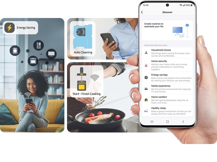 يظهر شخص يستخدم تطبيق SmartThings ويقوم بإنجاز مهام الحياة بشكل تلقائي من خلال إنشاء روتينات، مثل توفير الطاقة والتنظيف التلقائي وبدء الطهي وإنهائه.