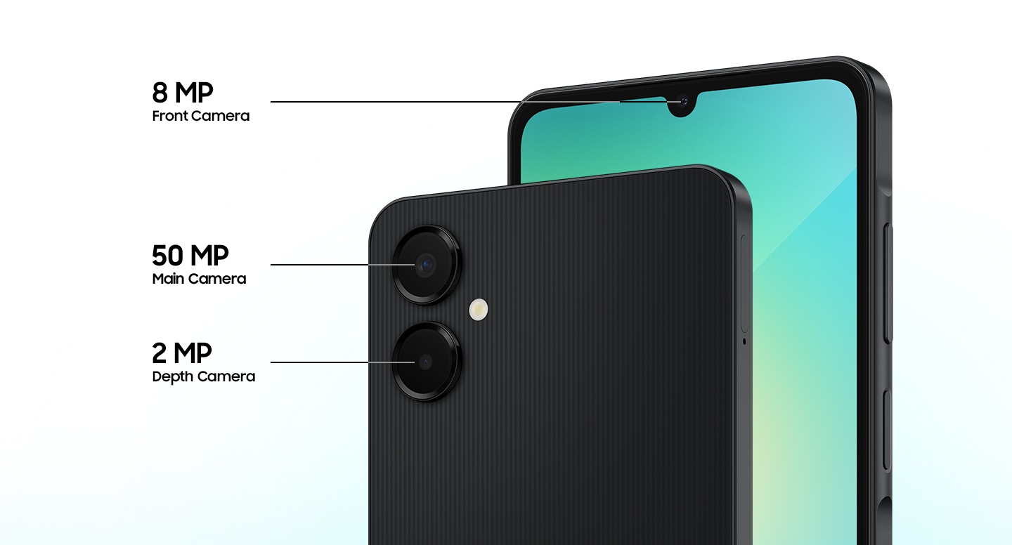 يظهر نص يتحدث عن المواصفات التقنية التي تميز كاميرا هاتف Galaxy A06 5G وهو "كاميرا أمامية بدقة 8 ميجابكسل" و"كاميرا رئيسية بدقة 50 ميجابكسل" و"كاميرا عمق بدقة 2 ميجابكسل".
