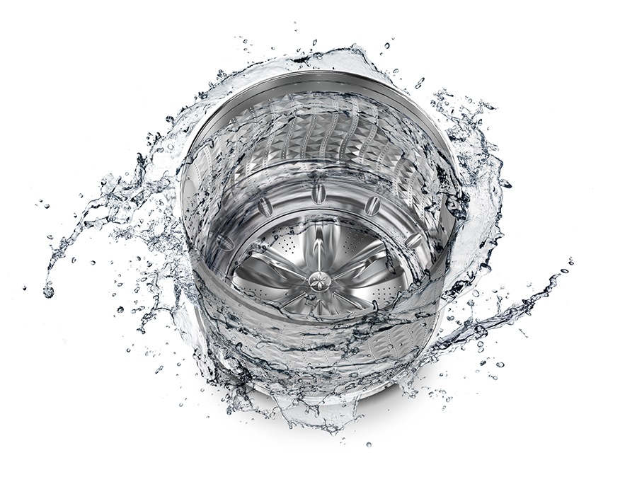 The washer drum is surrounded by clean water and water jets are cleaning the inside.