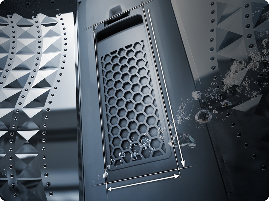 It shows a magic filter consisting of a large hexagonal pattern on the washer drum. Arrows indicate the horizontal and vertical lengths of the magic filter.