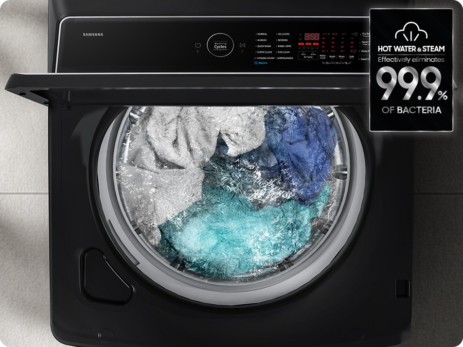 The steam is dispersed inside the washing machine drum to remove allergens and bacteria. The hot water and steam effectively eliminate 99.9% of bacteria.