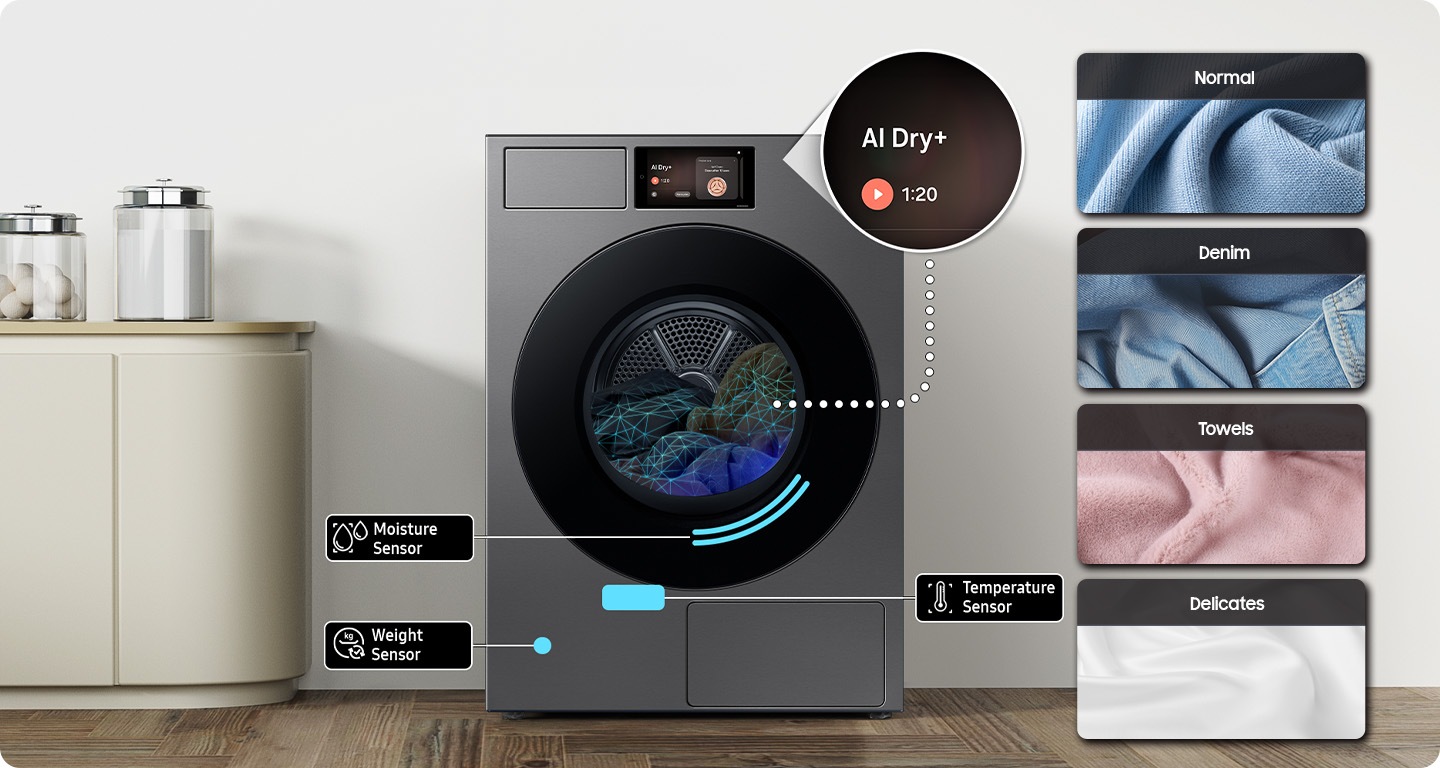 تعرض شاشة المجفف دورة "AI Dry+". يتم اكتشاف القطن والدنيم في الحوض. تكتشف دورة AI Dry+ أربعة أنواع من الأقمشة: الأقمشة العادية، والدنيم، والمناشف، والأقمشة الرقيقة، وتضبط مستوى درجة الحرارة وفقًا لذلك للحصول على التجفيف المثالي. ※ الصور معروضة لأغراض التوضيح فقط. يجب التحقق من ملصق العناية بالملابس قبل استخدام دورة AI Dry+.